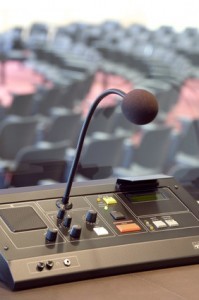 Microphone and switchboard in interpretors booth